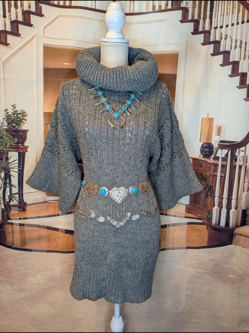 a.n.a Gray Cowl Neck Knit Sweater Dress